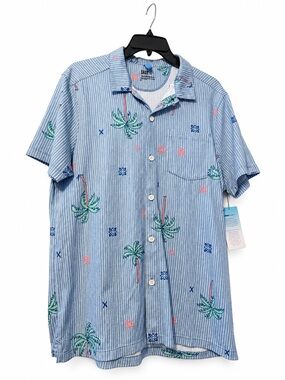 Saxx drop temp moisture wicking Light Blue Striped  Shirt with Palm Print